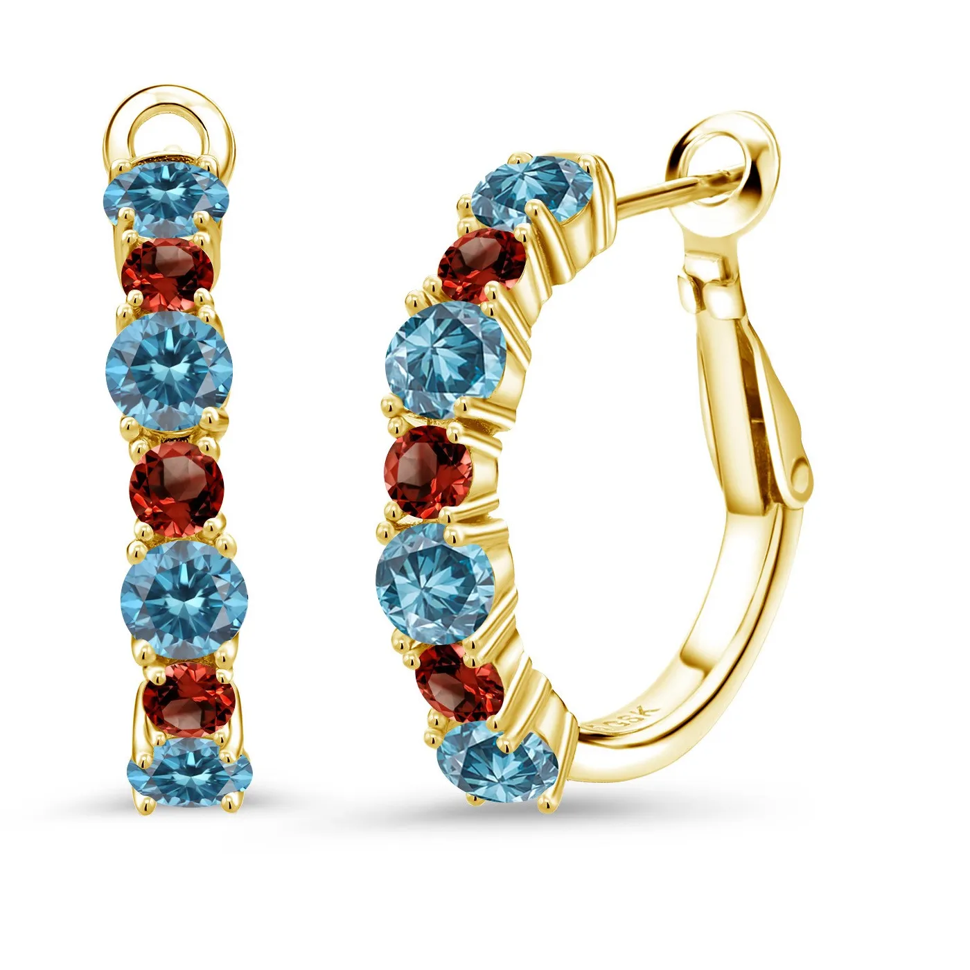18K Yellow Gold Plated Silver Blue Lab Grown Diamond And Garnet Hoop Earrings