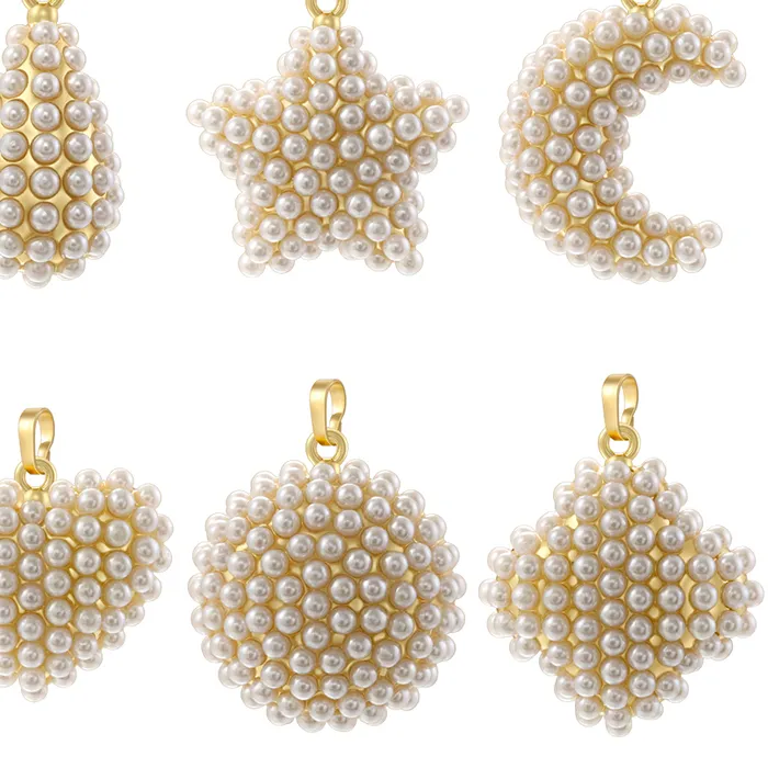 Authentic Celestial Harmony Charm Set – 18K Gold‑Plated Brass & Pearl Pendants (Teardrop, Star, Moon, Heart)