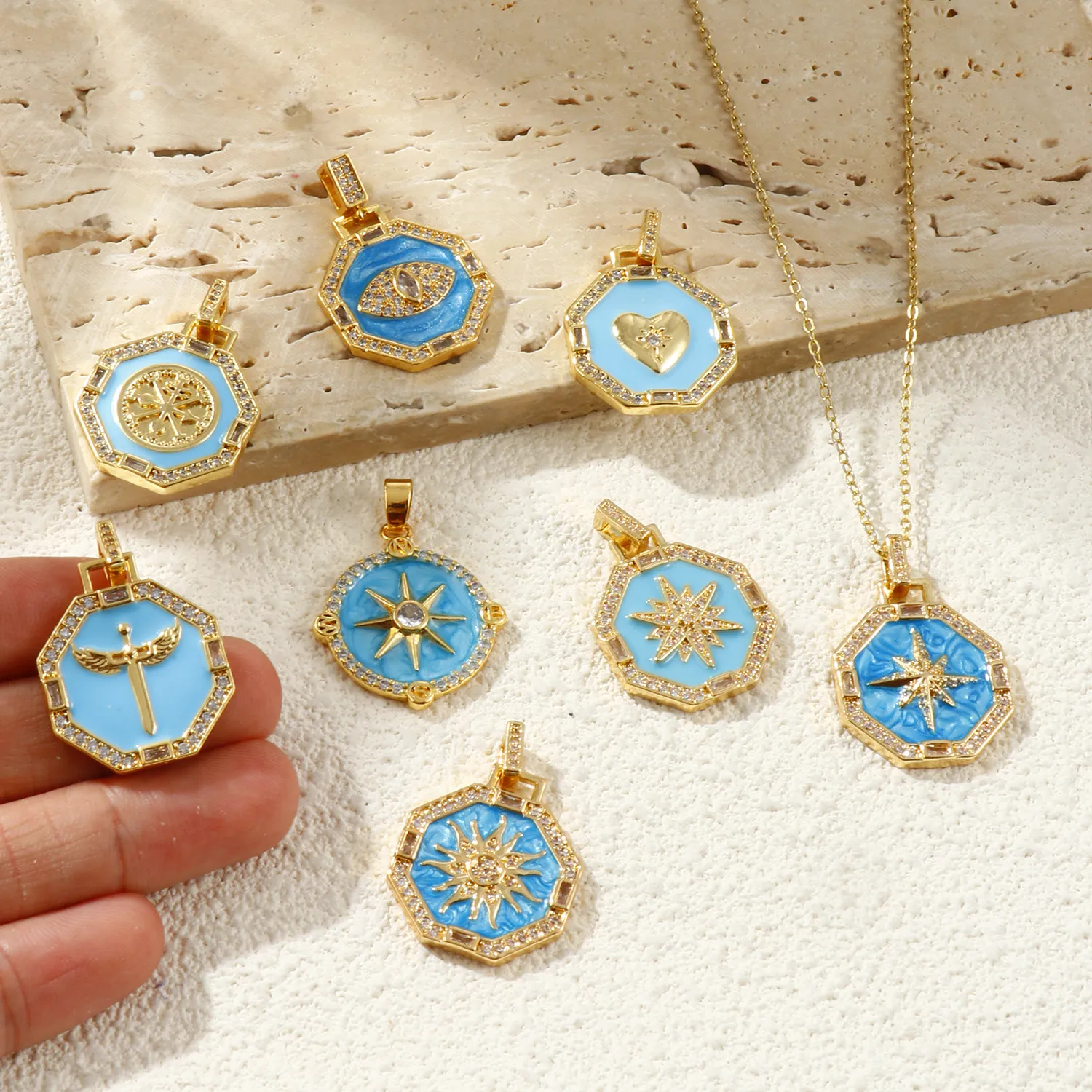 Authentic Celestial Harmony Heart Pendant - 18K Gold Plated Enamel Talisman with Micro Pave Star Octagon Design