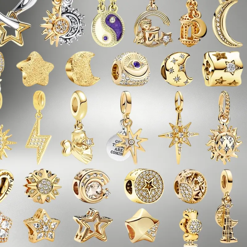 Authentic Gold Plated Celestial Charms Beads Star Moon Sun Heart Pendant,Two-Tone Silver Gold Galaxy Dangle Charms DIY Women Jewelry Gifts