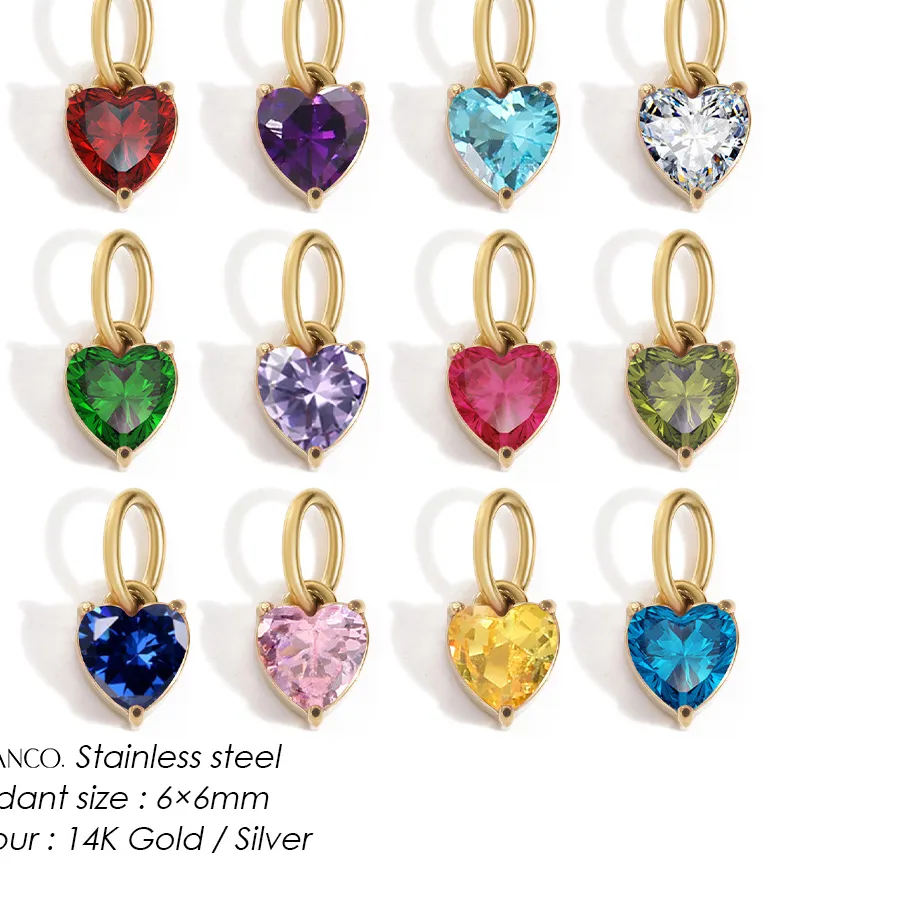 Authentic 12 Months 6mm Heart Cubic Zirconia Birthstone Pendant Gold Plated Stainless Steel Birthday Valentine Brand Jewelry Gift
