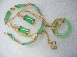 Authentic Jade 18K Gold Plated Bracelet Lucky Earrings Necklace Pendant Jewelry Set Women