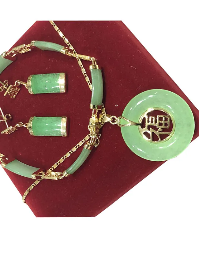 Authentic Lucky Green Jade 18K Gold Plated Pendant Earrings Necklace Bracelet Jewelry Sets