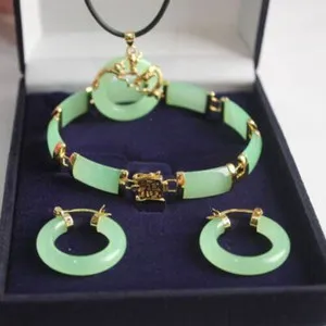 Authentic Jewelry Set Jade 18K Gold Plated Pendant Necklace Bracelet Earrings Lucky Party