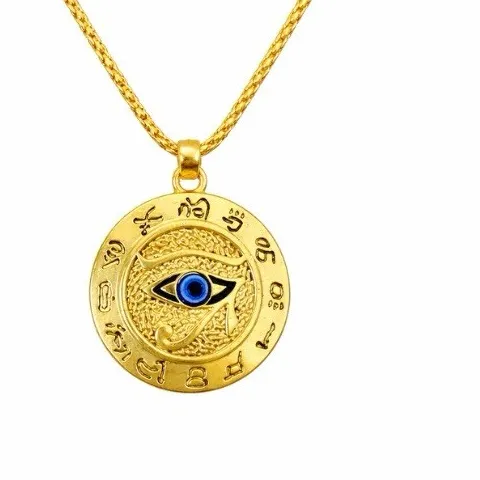 Authentic Gold Plated Ancient Egypt Necklace 24" chain Eye of Horus, RA, Round Pendant