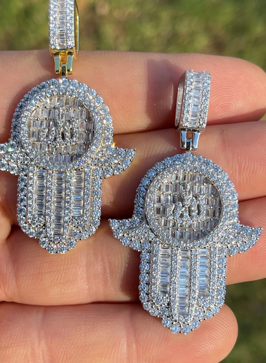Authentic Real 925 Silver 14k Gold Plated Iced Hand Of Fatima W. Islamic Allah Sign CZ
