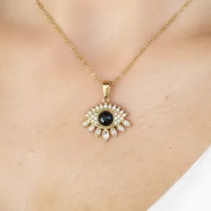 18K Gold Plated Tiger Eye Cubic Zirconia Devil's Eye Pendant Necklace