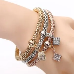 Authentic 3Pcs Gold Plated Crystal Love Heart Charms Bracelet