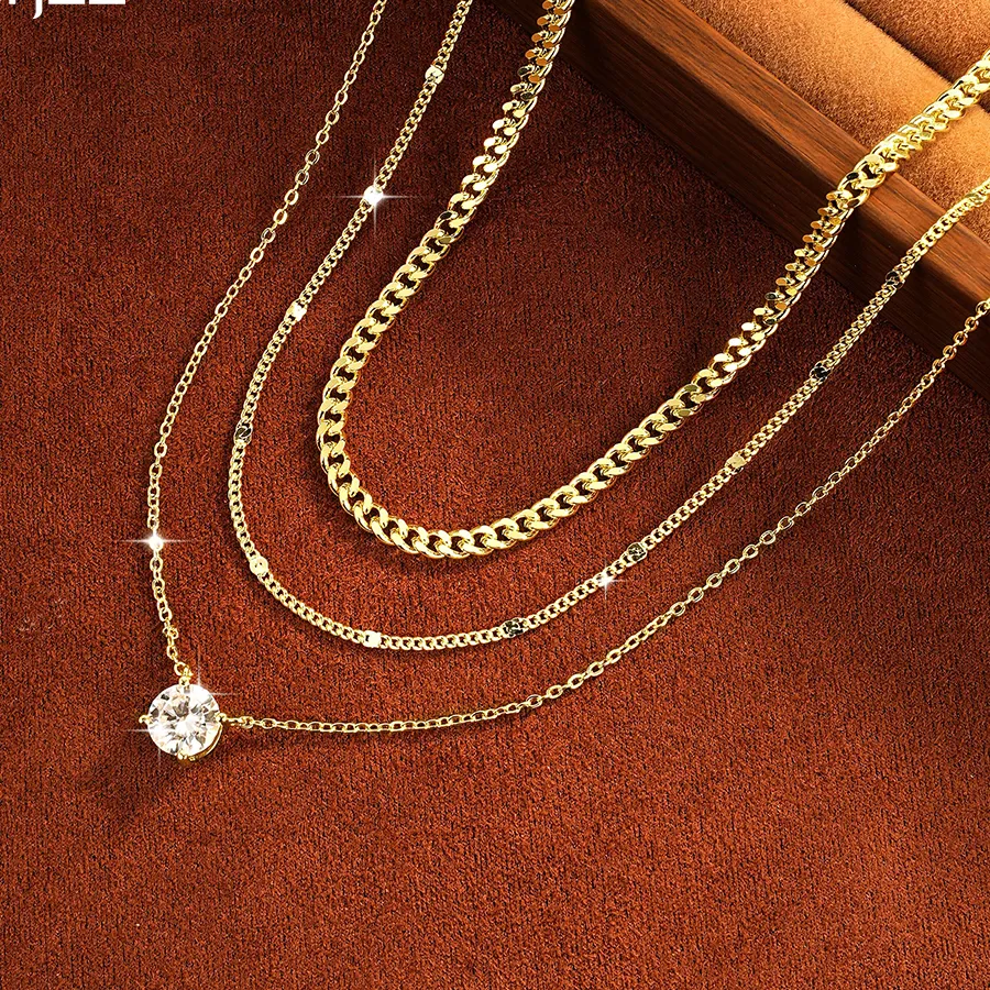 Authentic Rrjzz Solitaire 0.5Ct- 2Ct D- Color Moissanite Three- Layer Stacked Necklace O- Chain&Cuban Chain Necklace 5- 8Mm Jewelry