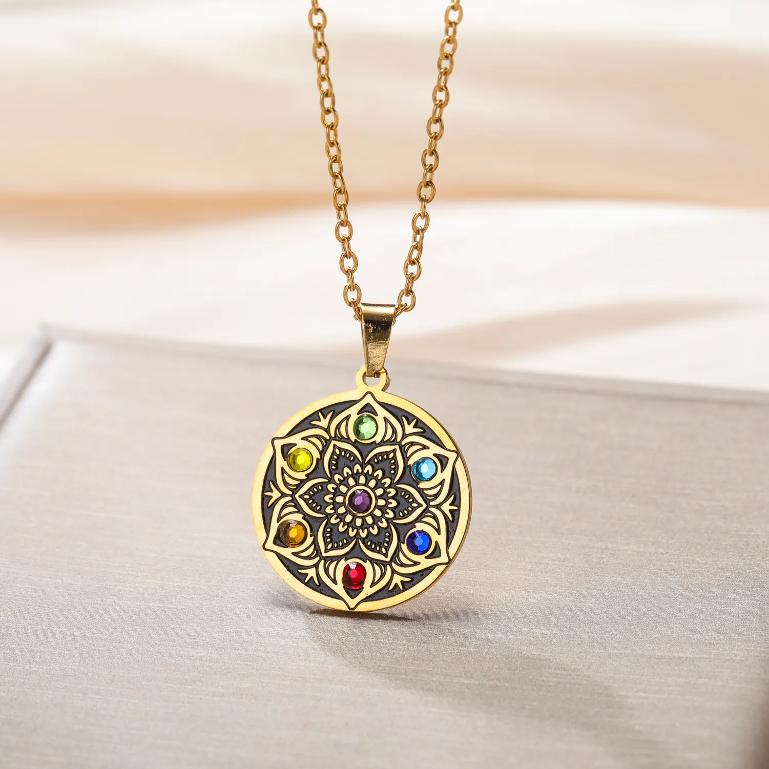 Authentic Sacred Lotus Mandala Seven Chakra Alignment Pendant