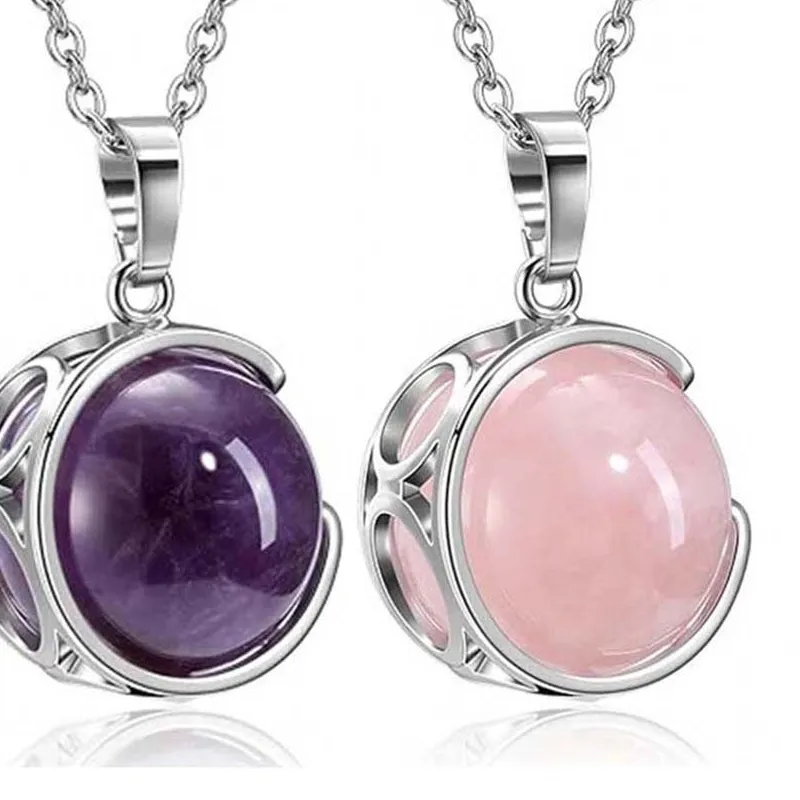 Authentic Charms Natural Healing Crystal Round Ball Rotating Stone Pendant Necklace Amethyst Rose Quartz Choice Jewelry