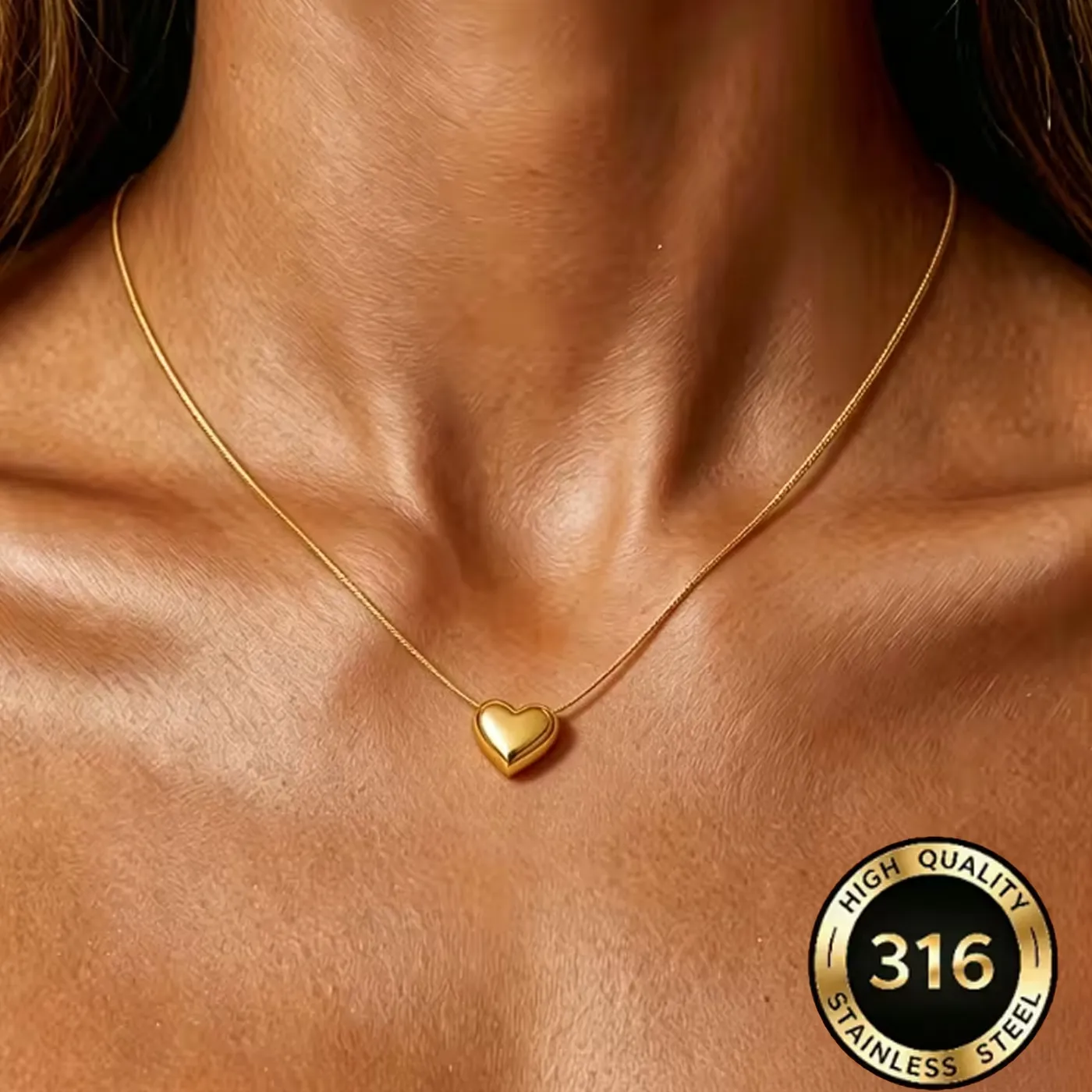 Authentic Heart Necklace 316L 18K Gold Plated Snake Chain Casual Date Jewelry