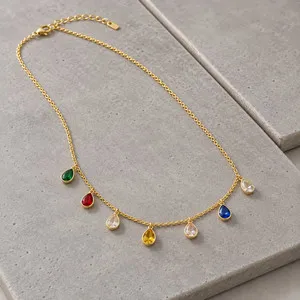 Authentic Multi Stone Rainbow Necklace In 925 Sterling Silver, Pear Cut Chakra Gemstone