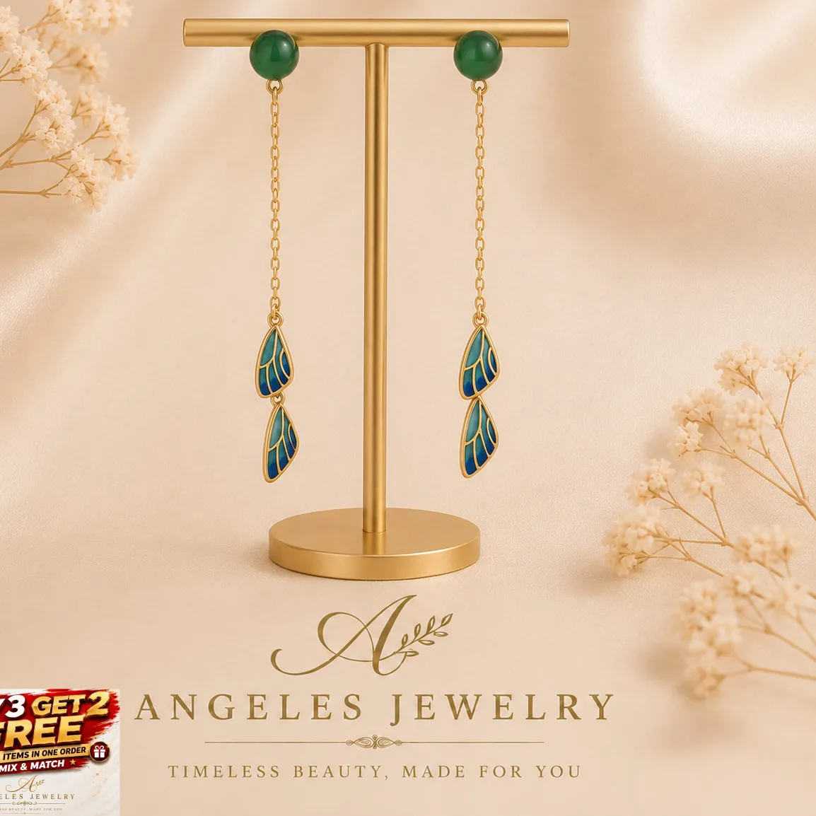Authentic Green Jade Tassel Drop Dangle Earrings Blue Enamel Feather 18K Gold Plated Stud