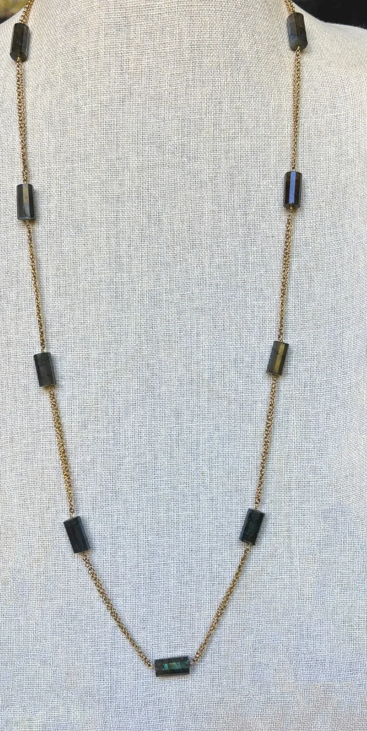 Authentic Celestial Aurora Barrel Bead Talisman In Luminous Gold And Labradorite