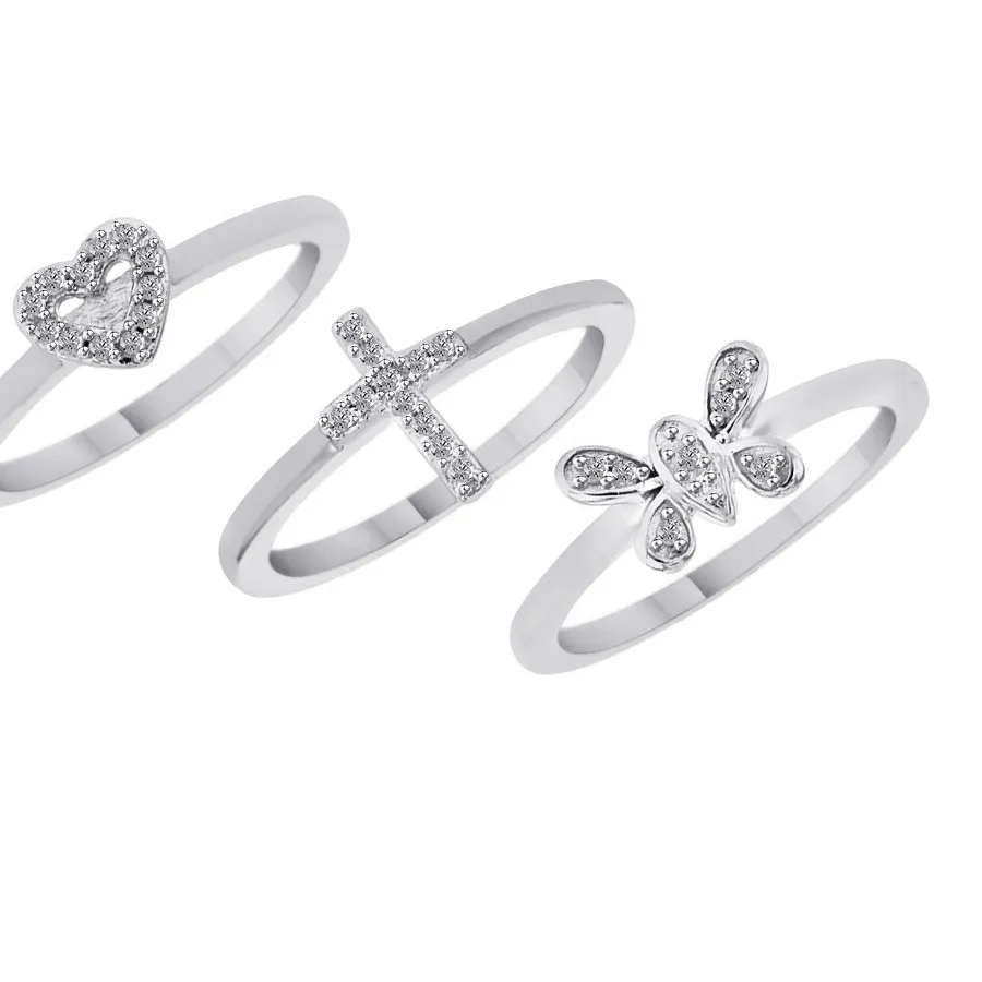Authentic Celestial Trinity Stackable Ring- Gold- Plated Cross, Butterfly & Heart With Simulated Diamond