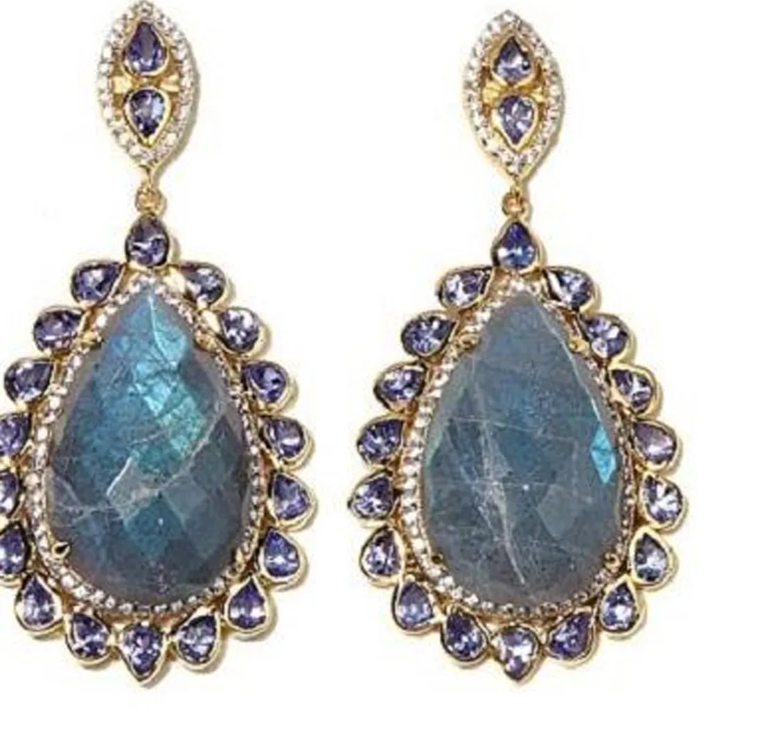 Authentic Celestial Aurora Labradorite And Tanzanite Golden Talisman Earrings