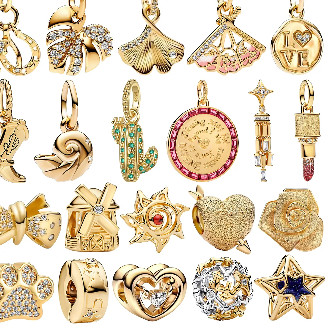 Authentic S925 Silver Golden Charms Beads Clover Horseshoe Ginkgo Fan Conch Cactus Lipstick Windmill Star Pendant Fit Bracelet Diy Jewelry