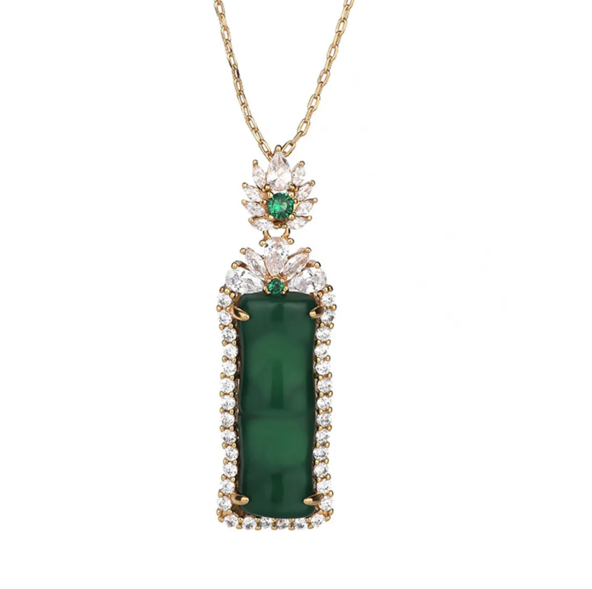 Authentic Jade Crystal Pendant Necklace Charm 18K Gold Plated Chain Bamboo Dainty Gemstone