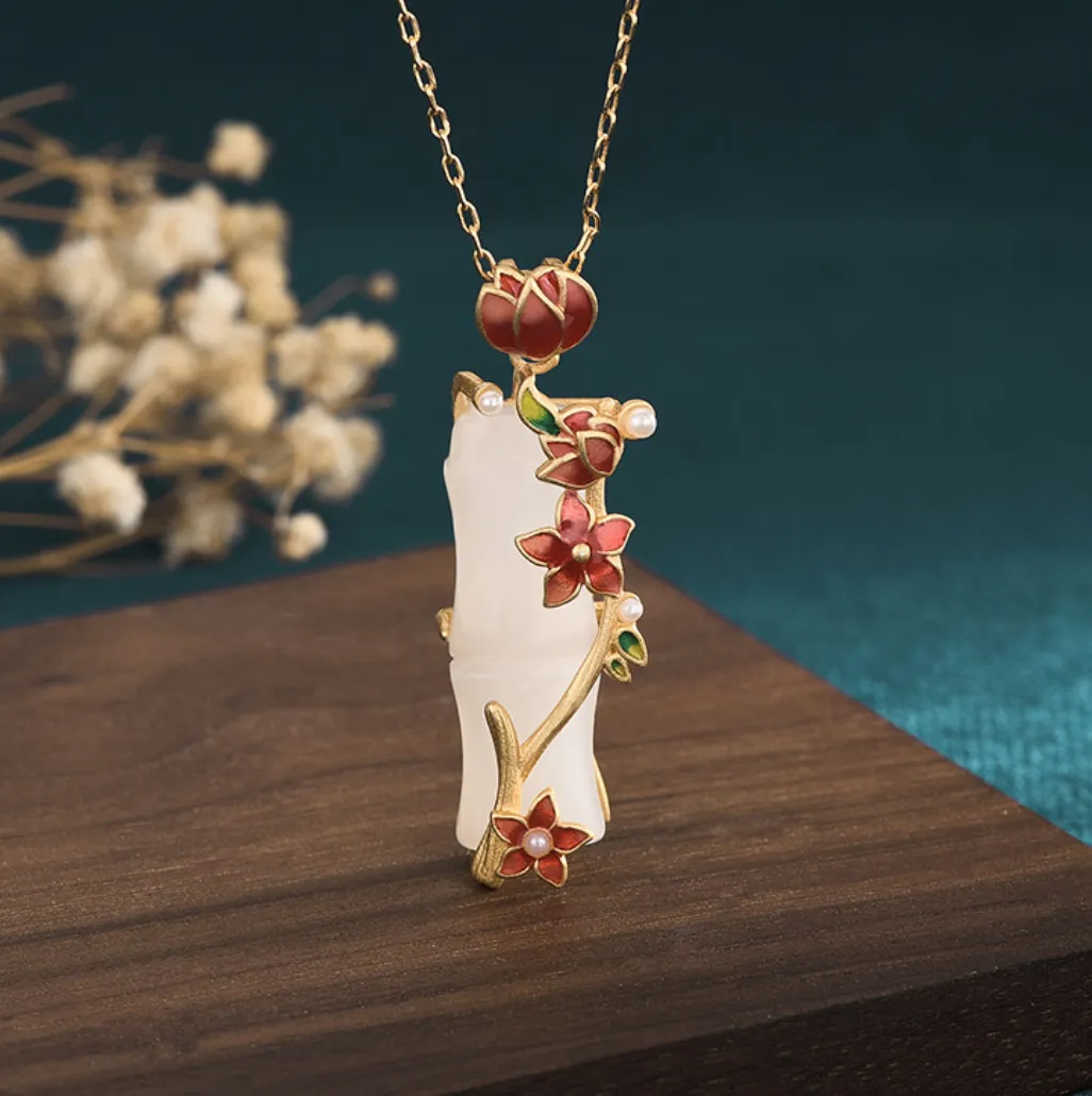 Authentic Chain Bamboo Jade Pendant Necklace Enamel Charm 18K Gold Plated  Dainty Gemstone