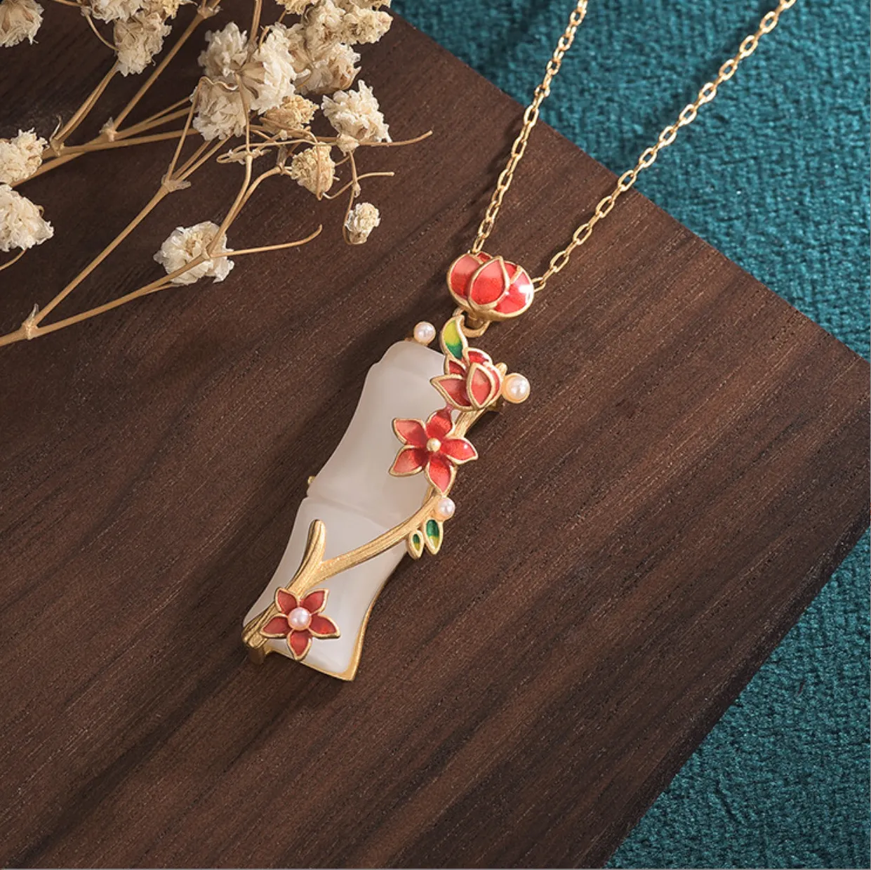 Authentic Jade Pendant Necklace Enamel Charm 18K Gold Plated Chain Bamboo Dainty Gemstone