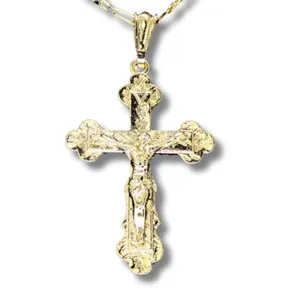 Authentic Crucifix Pendant 14k Gold Plated 20" Figaro Chain Men Women Religious Chain