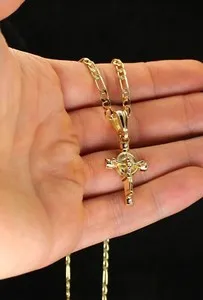 Authentic Crucifix Pendant 14k Gold Plated 20" Figaro Chain Men Women Religious Chain