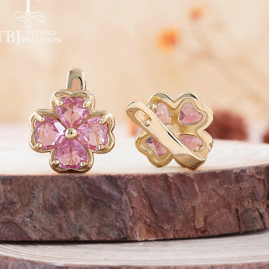 Authentic 925 Sterling Silver Earrings Natural Heart 5.0Mm Pink Tourmaline Four Leaf Clover Design Fine Jewelry 'S Proposal