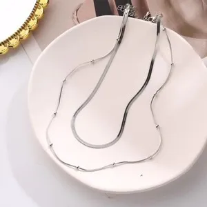 Authentic Woman 18K Gold Plated Stainless Steel 2 Layers Beaded Snake Chains Necklaces