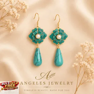 Authentic Celestial Blossom Turquoise And Pearl Drop Talisman Earrings