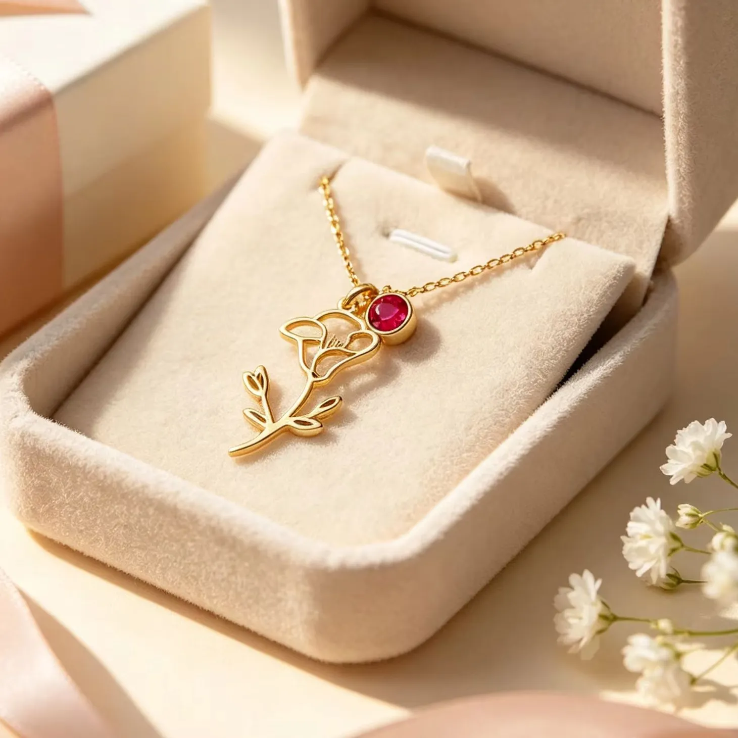 Authentic Customized Birth Moon Flower Pendant Necklace With Personalized Birth Stone For Ladies Birthday