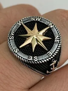 Authentic Real 14K Gold Plated Real Solid 925 Sterling Silver Anchor Sailor Compass Ring