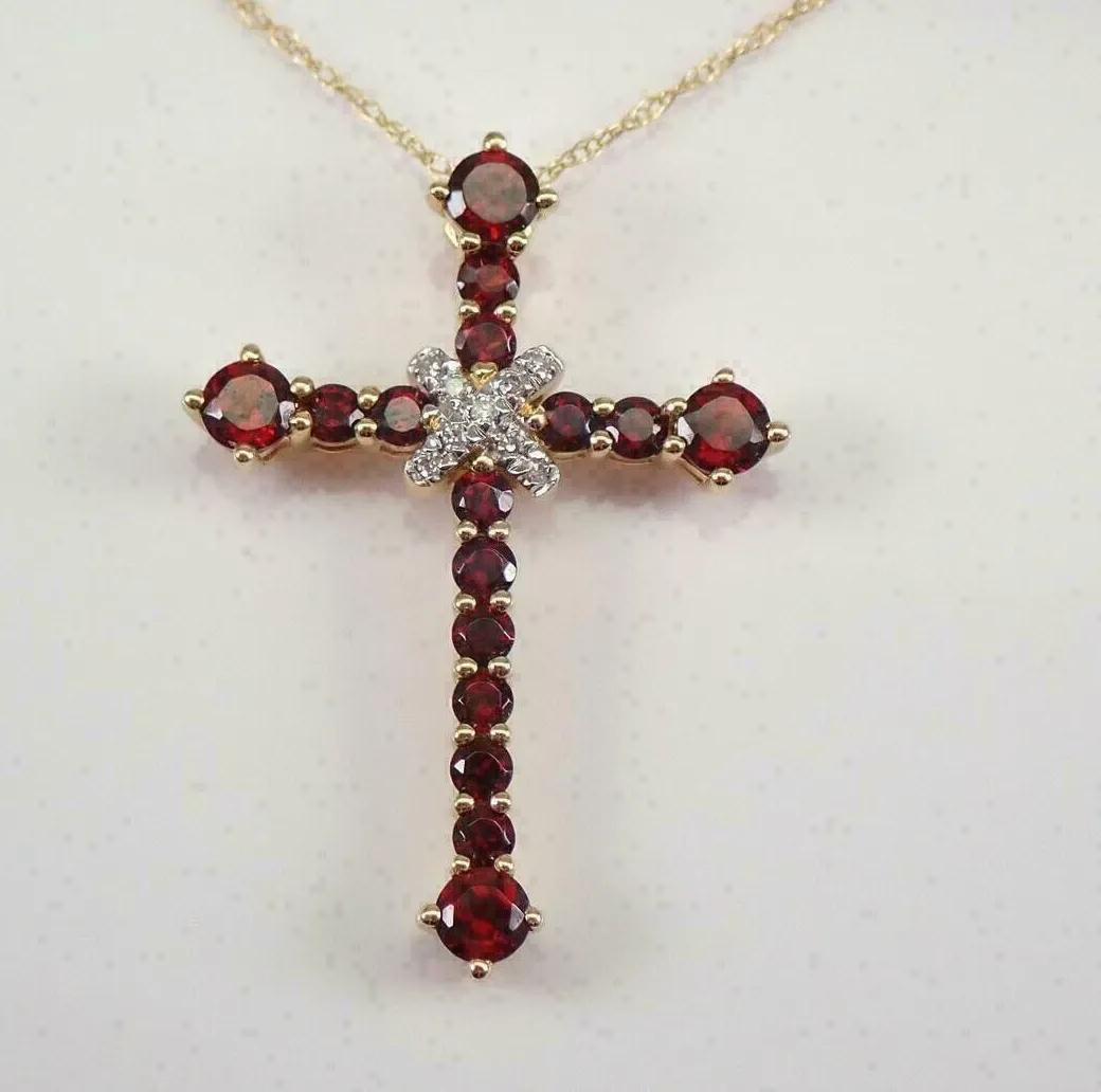 Authentic 14K Yellow Gold Plated Silver 3Ct Round Cut Simulated Red Garnet Cross Pendant