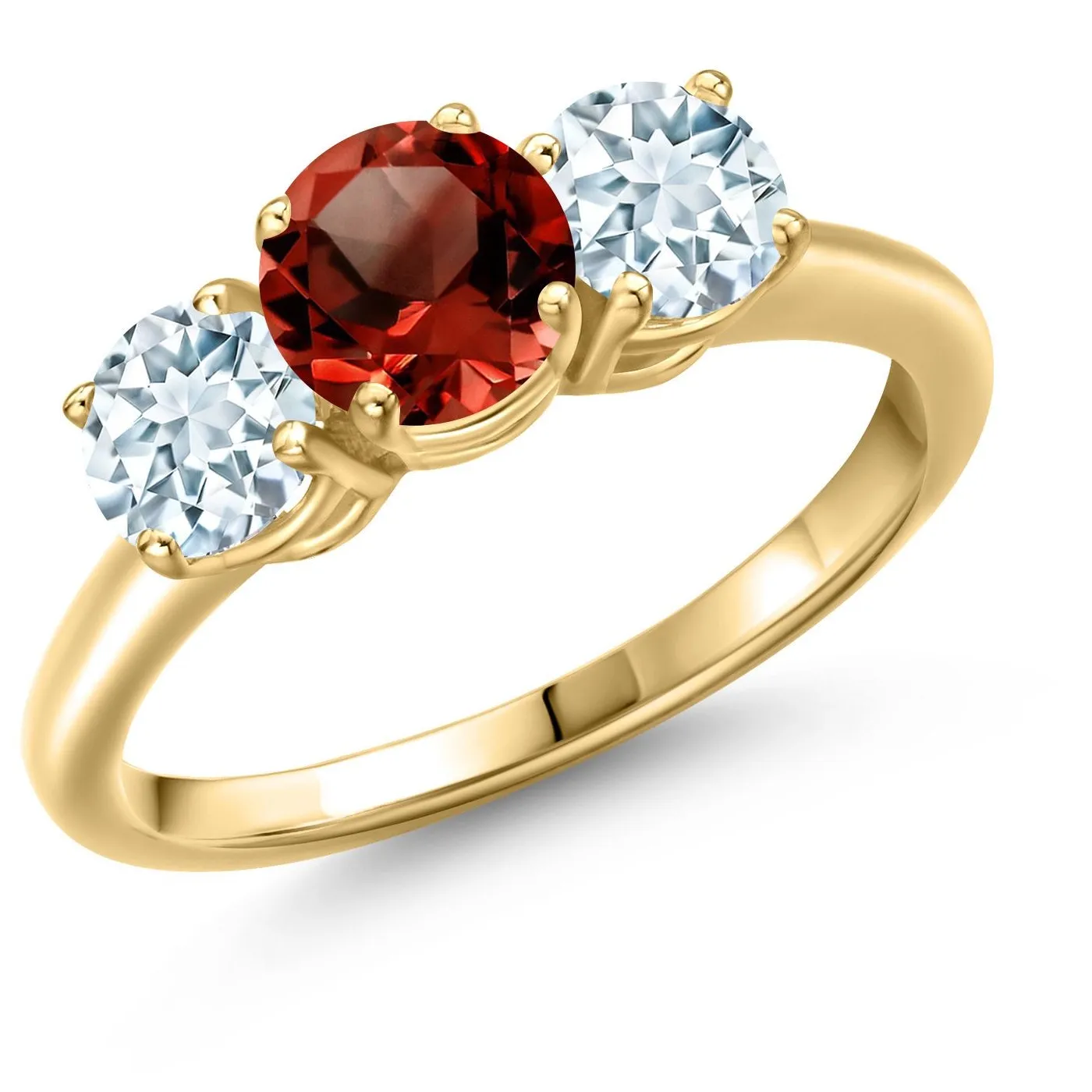 Authentic 2.00 Ct Round Red Garnet Sky Blue Aquamarine 18K Yellow Gold Plated Silver Ring