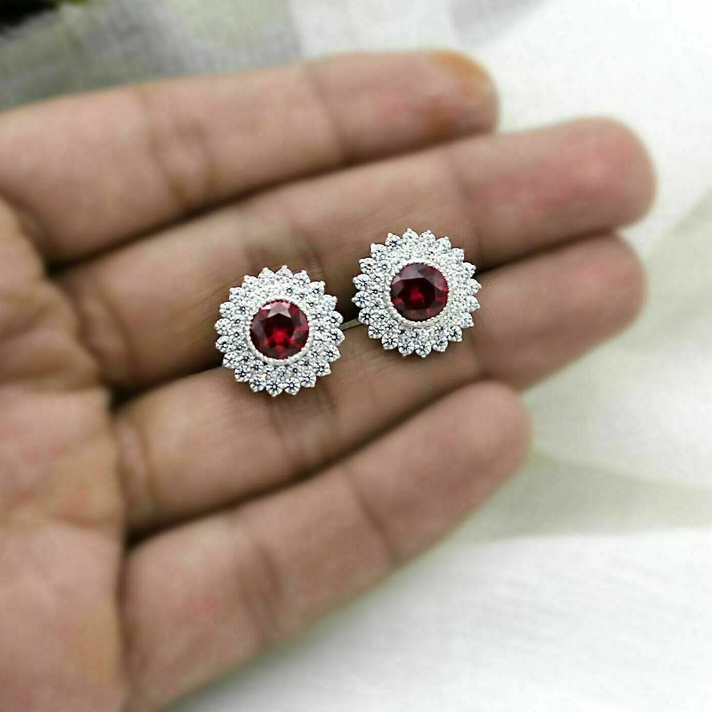 Authentic The Crimson Fire Halo: Simulated Garnet and 14K White Gold Plated Talisman Studs