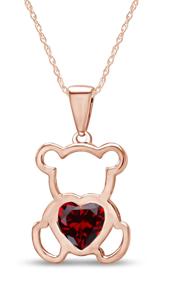 Authentic Teddy Bear Pendant 18" Necklace Heart Simulated Birthstone 14K Rose Gold Plated