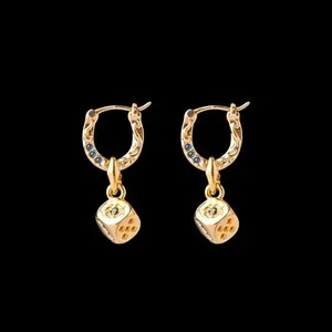 Authentic 24K Gold Plated Lucky Dice Horseshoe Four Leaf Clover Blue Zircon Earrings