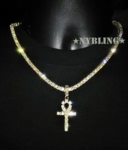 Authentic 14K Gold Plated Tennis Chain Choker W Ankh Pendant Iced Cz Hip Hop Necklace 5Mm
