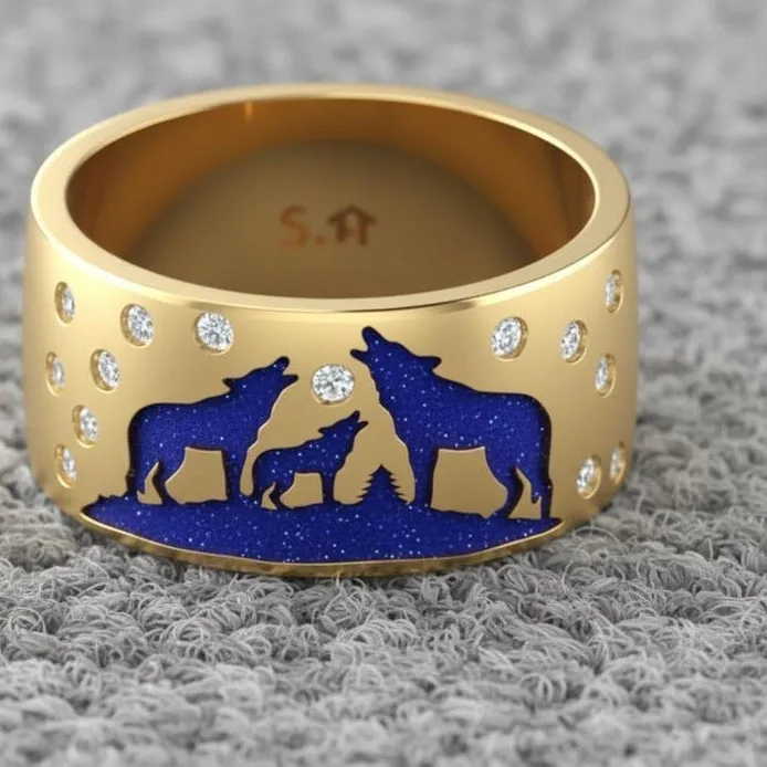 Authentic The Moonlit Alpha Howling Wolf Ring In Radiant Gold And Blue Enamel