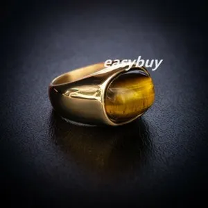 Authentic 2 Colors Man Gold Plated Solid Tiger Eye Oval Stone Band Ring