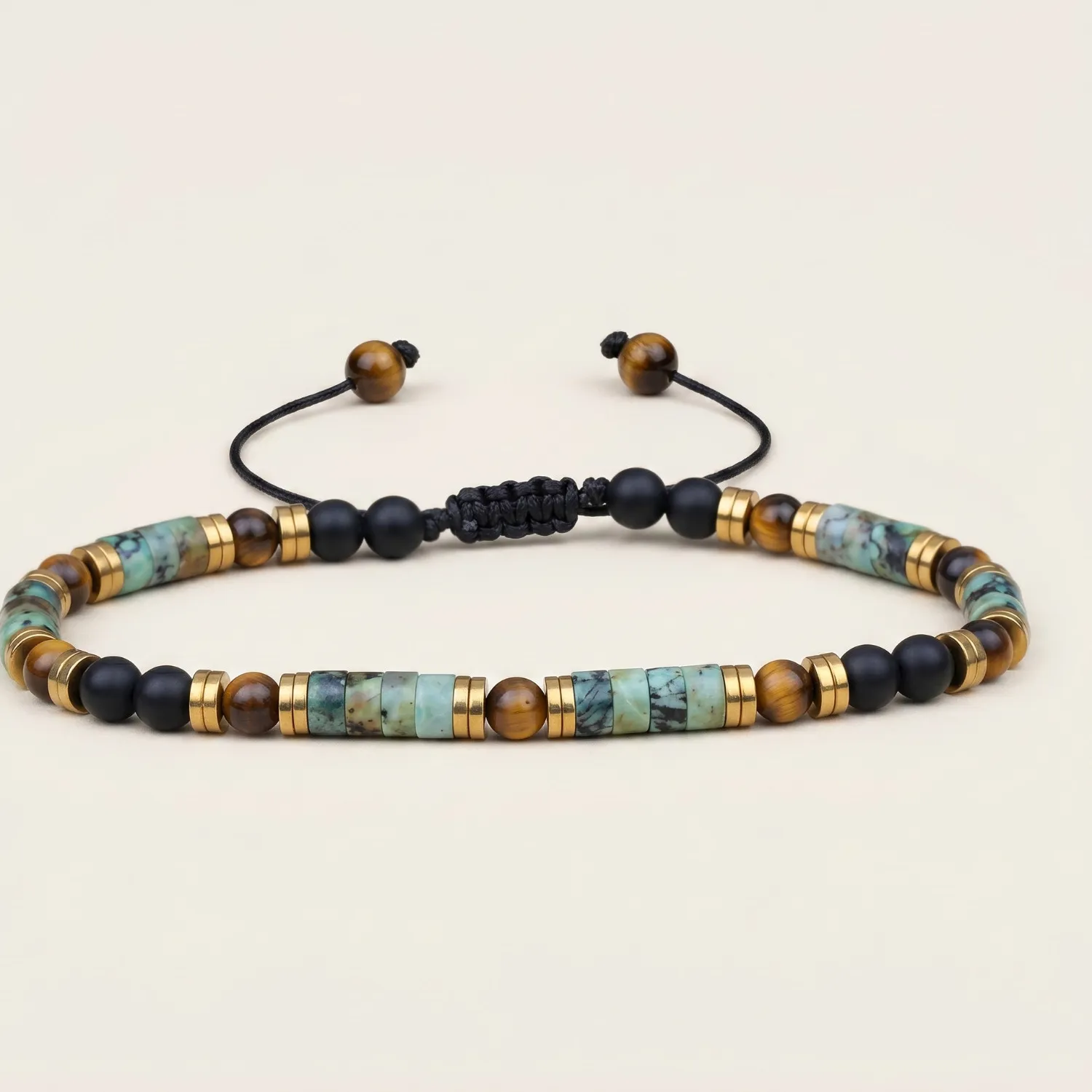 Authentic Talisman Of The Earth Weaver African Turquoise, Tiger Eye, And Onyx Gold- Plated Grounding Bracelet