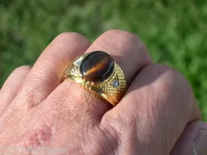Authentic 12X10 Mm Tiger Eye Brown Semi- Precious Oval Cut Gold Plated Ring Size 8- 14