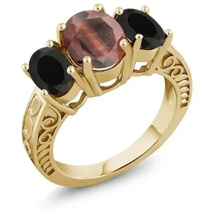 Authentic 2.90 Ct Oval Red Tiger Eye Black Onyx 18K Yellow Gold Plated Silver Ring