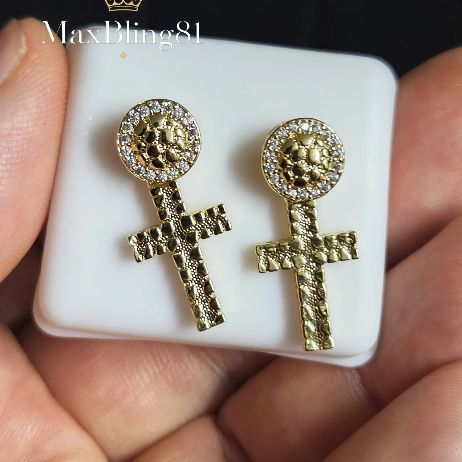 Authentic Radiant Golden Nugget Cross Studs