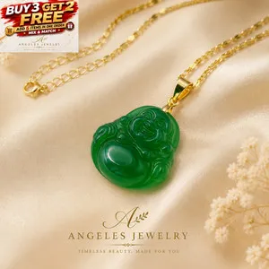 Authentic Multi Color Jade Laughing Buddha Pendant Necklace 18K Gold Plated Chain Handmade