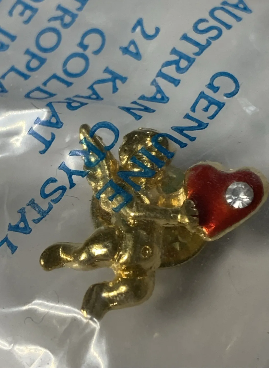 Authentic Crystal Harriet Carter 24K Gold Plated Cupid Brooch Pin Red Heart Austrian