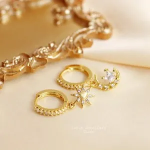 Authentic Celestial Gold‑Plated Starburst Hoops with Moon & Heart Charms