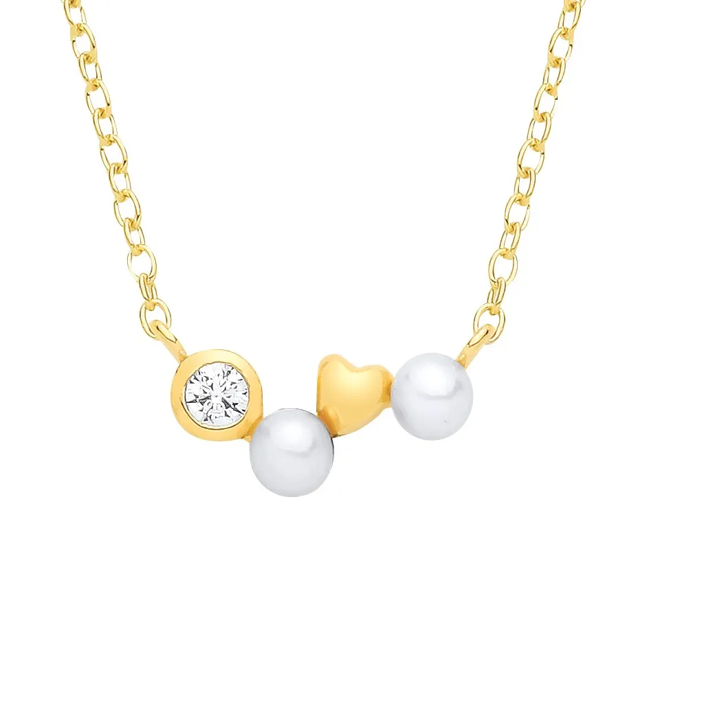 Authentic Gold-plated Silver Jewelco London Pearl & CZ Zig Zag Heart Full Moon Necklace