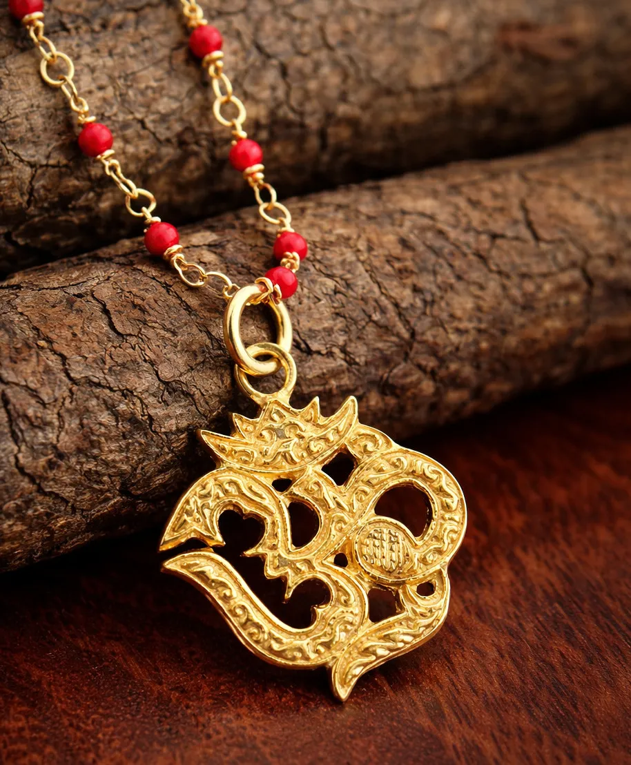 Authentic Om Aum Gold Plated Garnet Talisman Necklace 42 Mm Sacred Geometry
