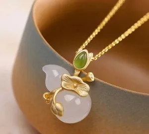 Authentic Celestial Lotus Gourd 18K Gold Plated White Jade Pendant